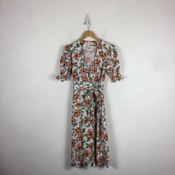 Happy X Nature Teagarden Floral Puff Sleeve Linen Wrap Midi Dress Small Coquette - Picture 3 of 13